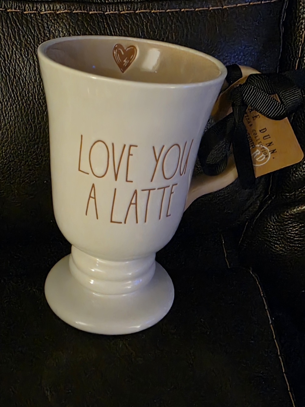 Rae Dunn Cream Pedestal Mug with Brown Lettering
